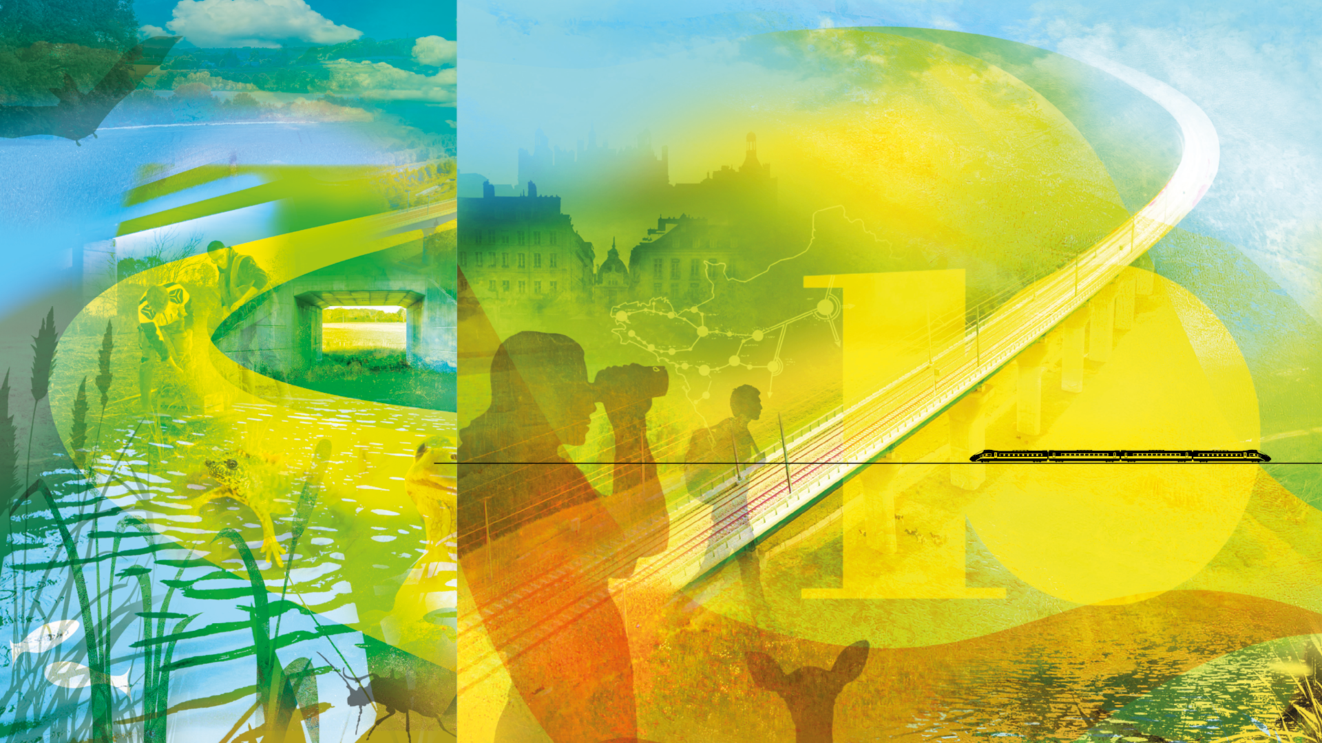 Illustration présentation la LGV, l'environnement qui l'entoure, des animaux et une femme qui observe la ville avec des jumelles 